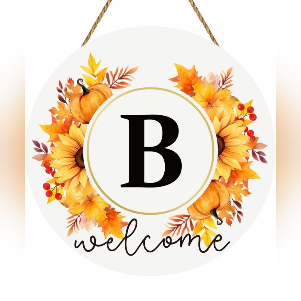 Wooden Fall Autumn Circular Welcome Sign 12" x 12" Initial B